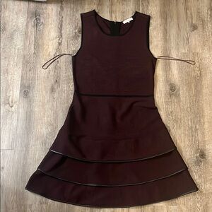 Parker Burgundy Tiered Mini Dress with Black Leather Skirt Trim
